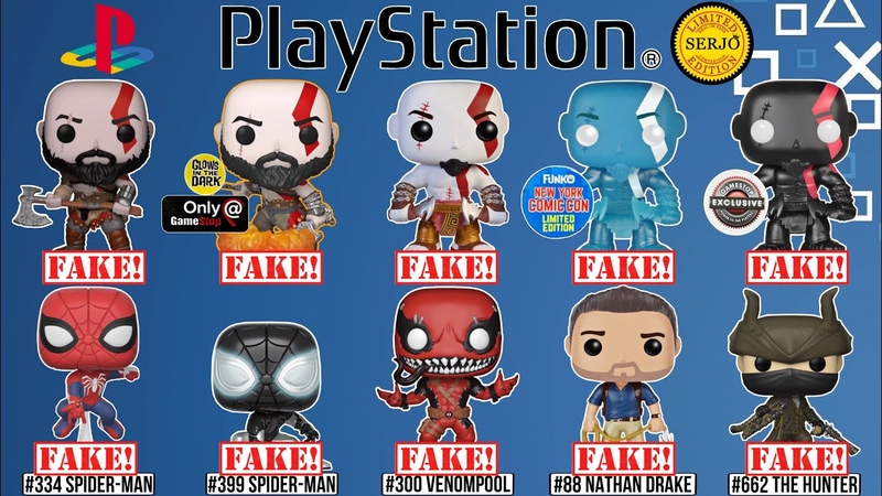 Comparisons of all fakes by Funko POP Playstation series Kratos, Spider Man, Venompool, Nathan
