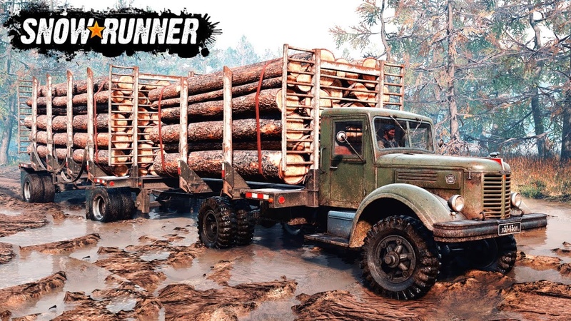 Tayga Old logging truck transports logs Snow