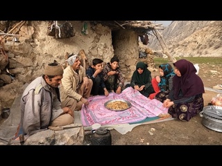 Cooking local bread by a nomadic woman and eating breakfast in a remote hut