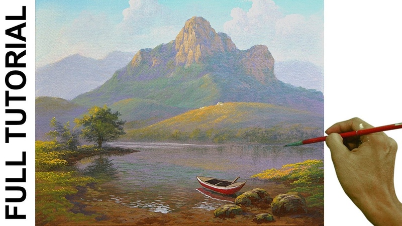 Acrylic Landscape Painting Tutorial, Misty Morning at Lake,